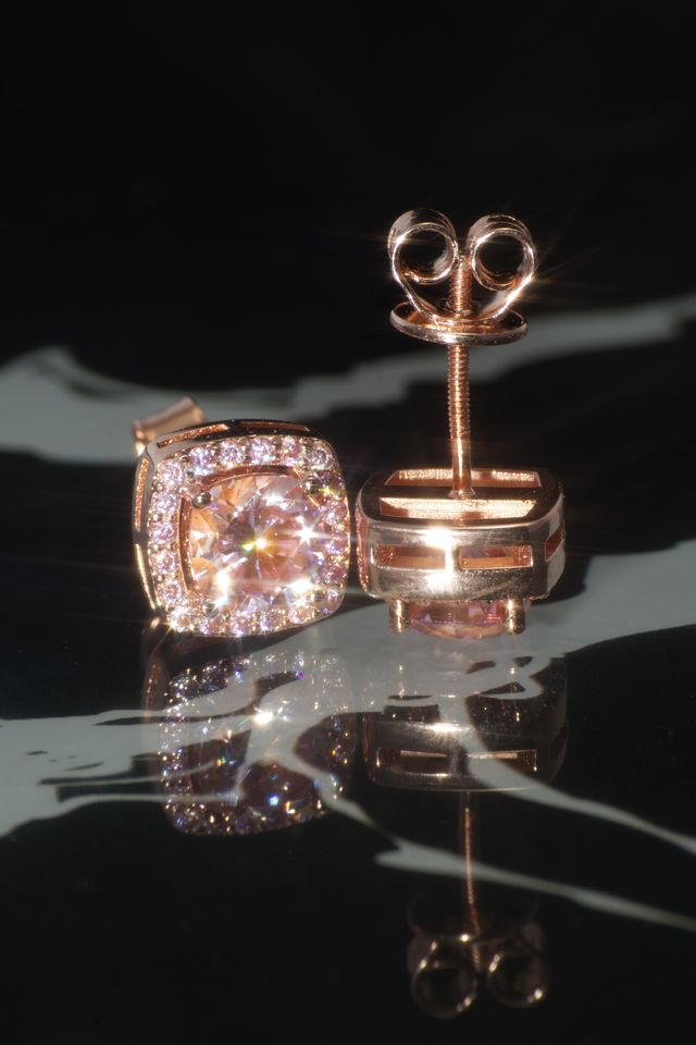 Empress Rose Gold Moissanite Halo Earrings – 14K Rose Gold Plated Sterling Silver