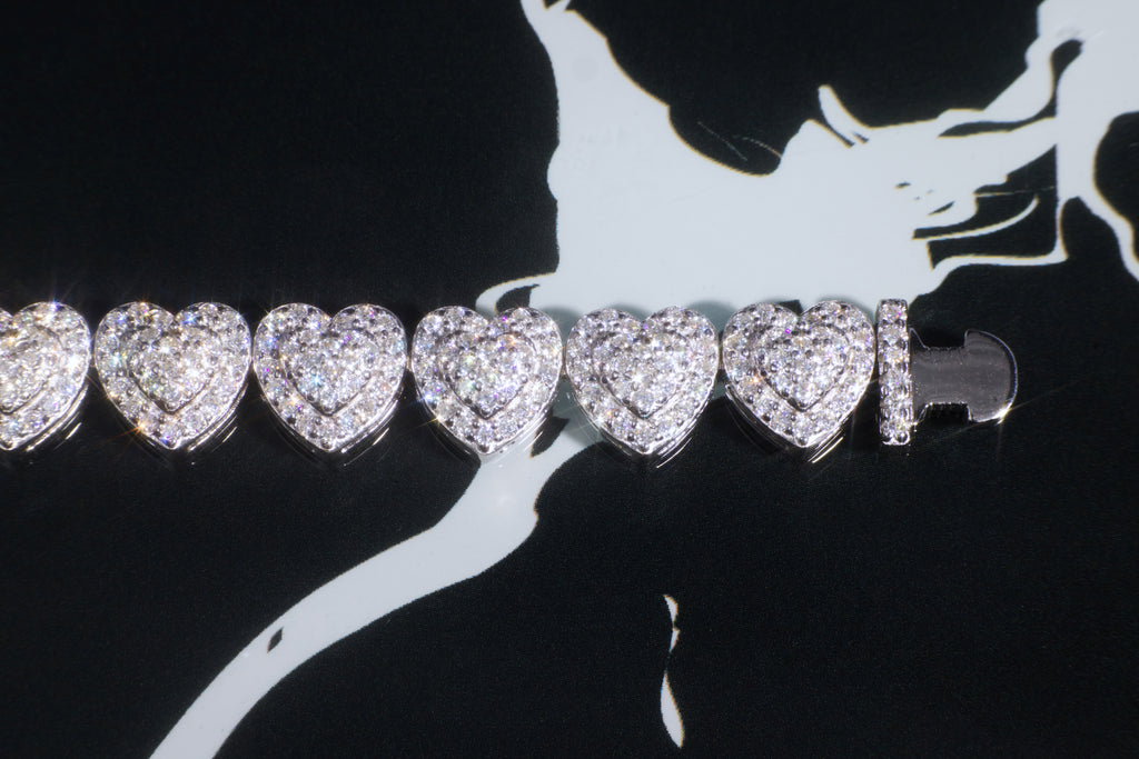White Gold Moissanite Heart Bracelet – 14K White Gold Plated Sterling Silver