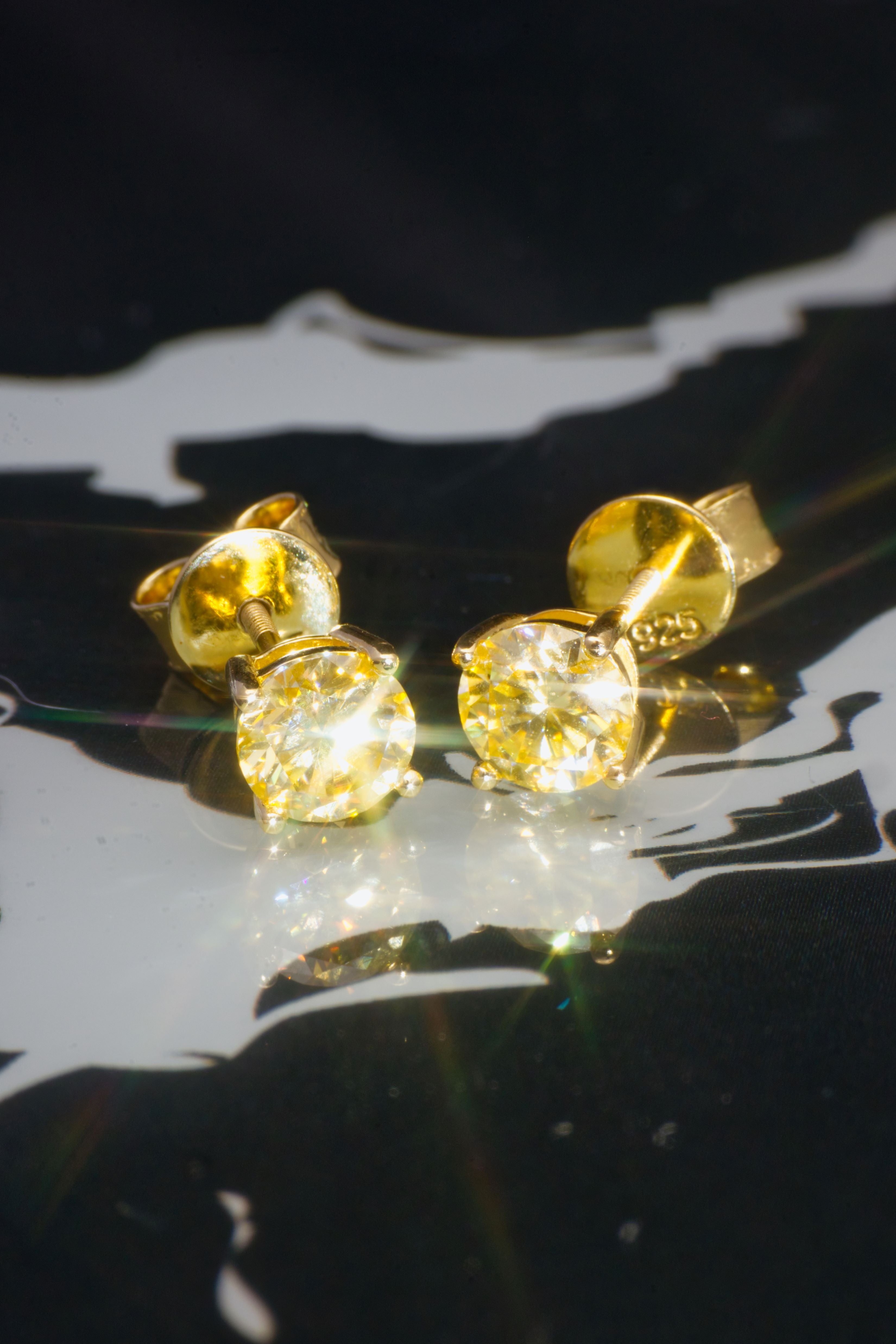 Pure Yellow Gold Moissanite Solitaire Stud Earrings – 14K Yellow Gold Plated Sterling Silver