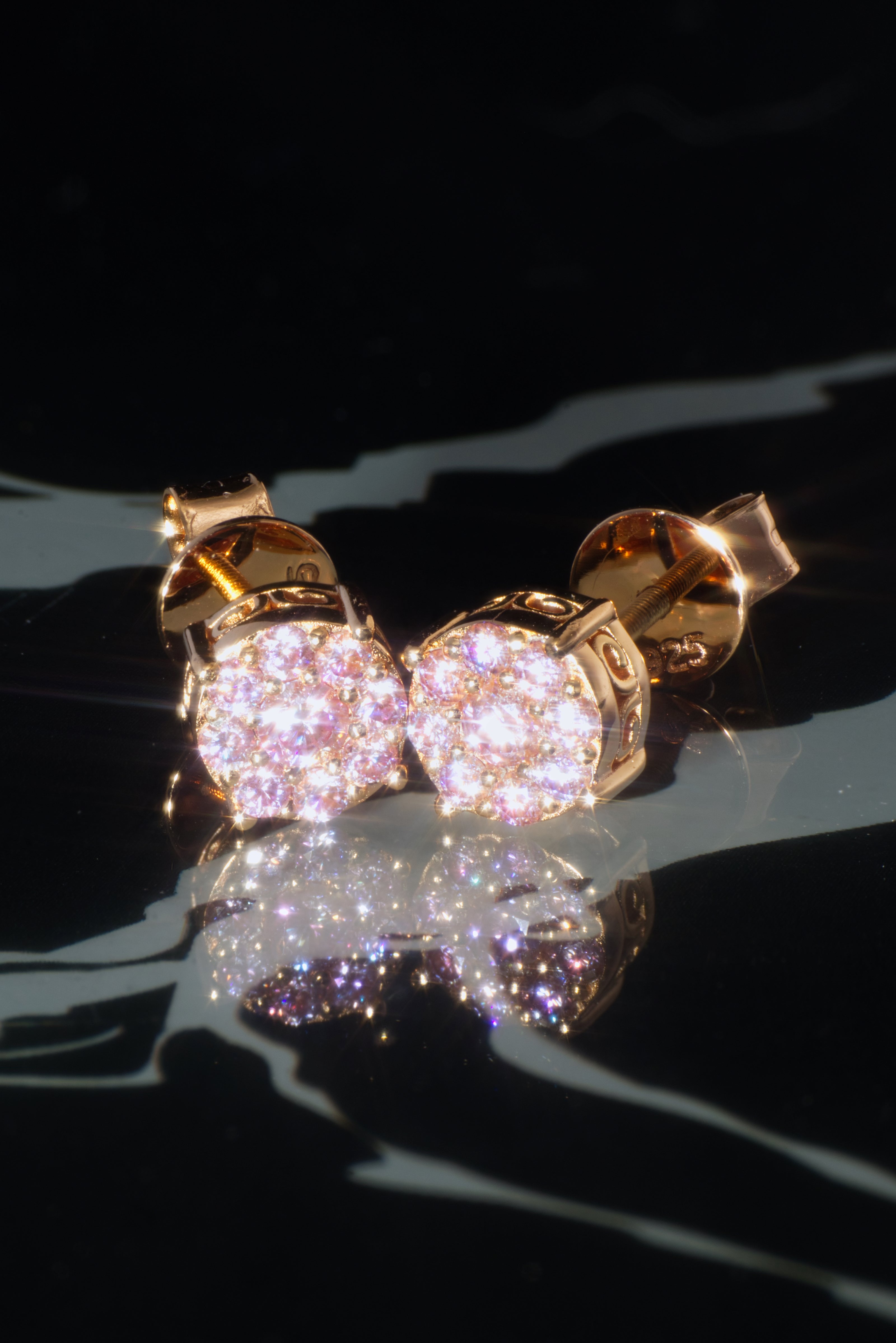 Rosé Rose Gold Pink Moissanite Cluster Earrings – 14K Rose Gold Plated Sterling Silver