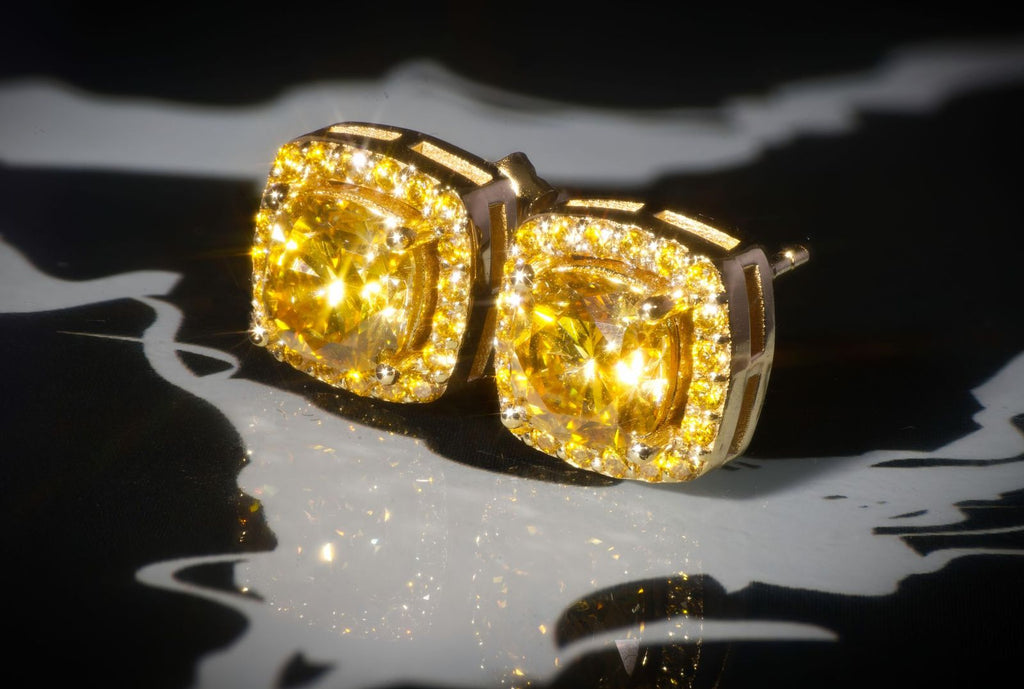 Empress Yellow Gold Moissanite Halo Earrings – 14K Yellow Gold Plated Sterling Silver