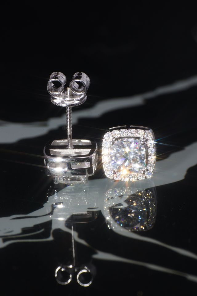 Empress White Gold Moissanite Halo Earrings – 14K White Gold Plated Sterling Silver