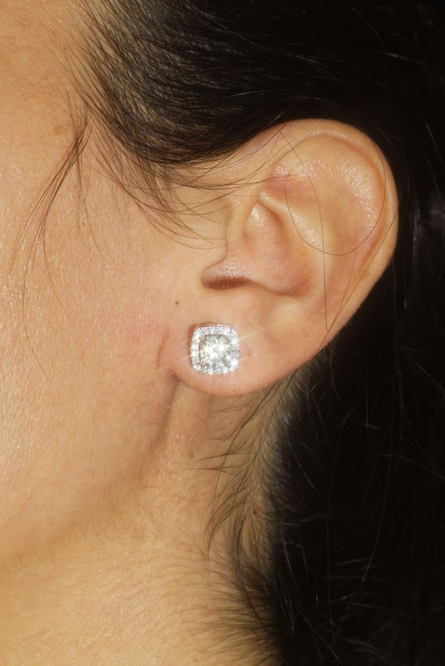 Empress White Gold Moissanite Halo Earrings – 14K White Gold Plated Sterling Silver