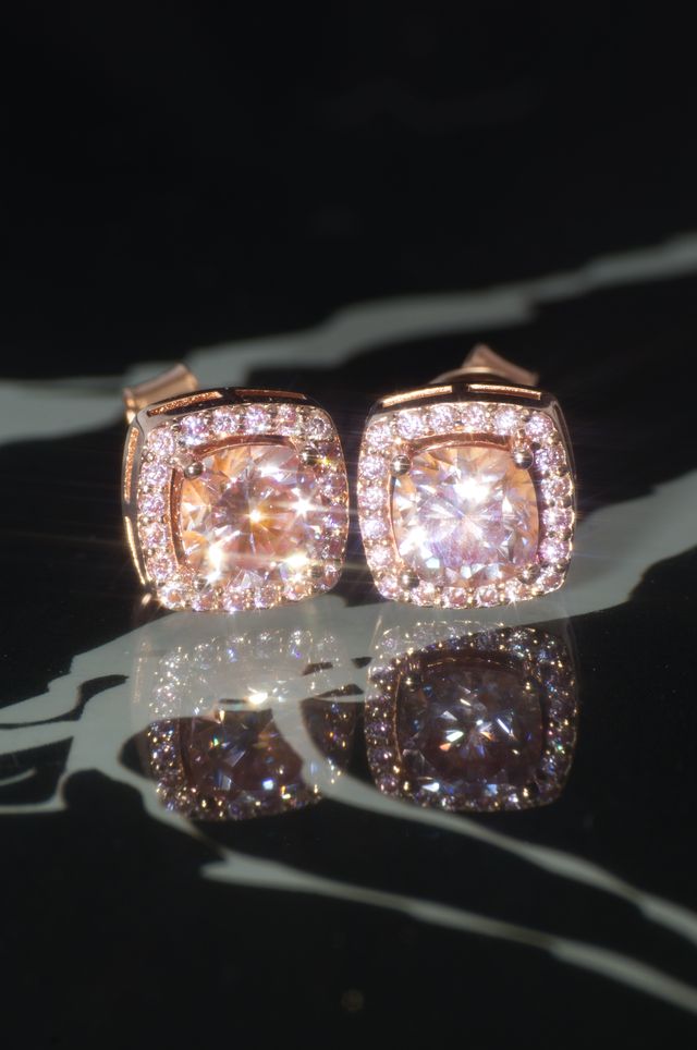 Empress Rose Gold Moissanite Halo Earrings – 14K Rose Gold Plated Sterling Silver