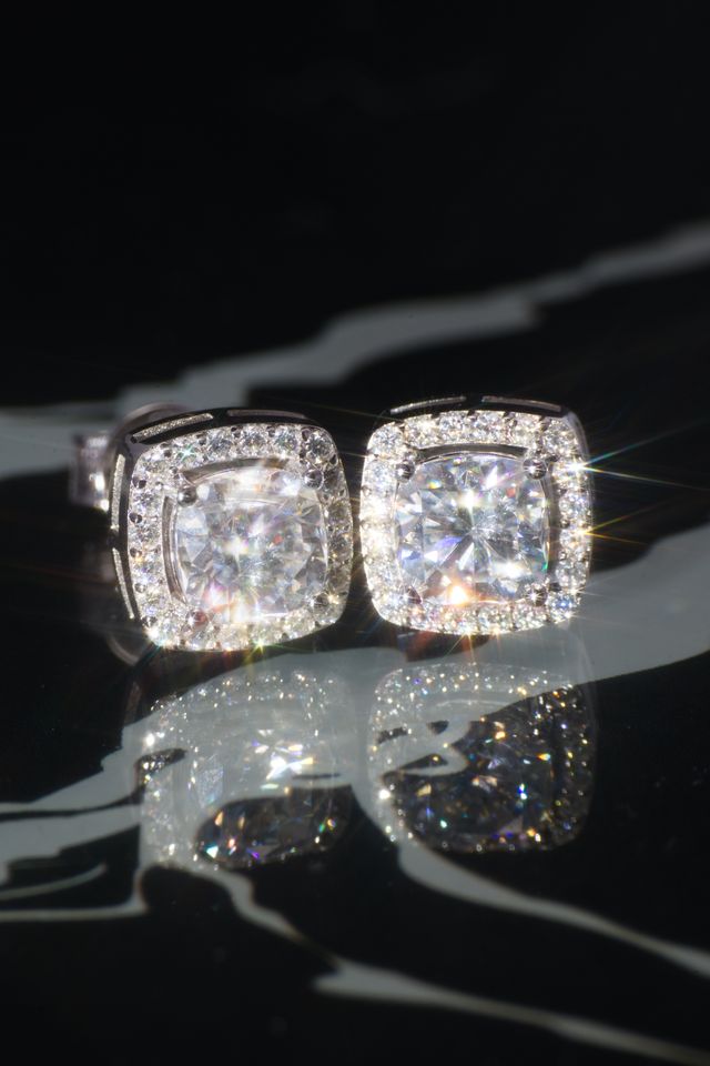 Empress White Gold Moissanite Halo Earrings – 14K White Gold Plated Sterling Silver
